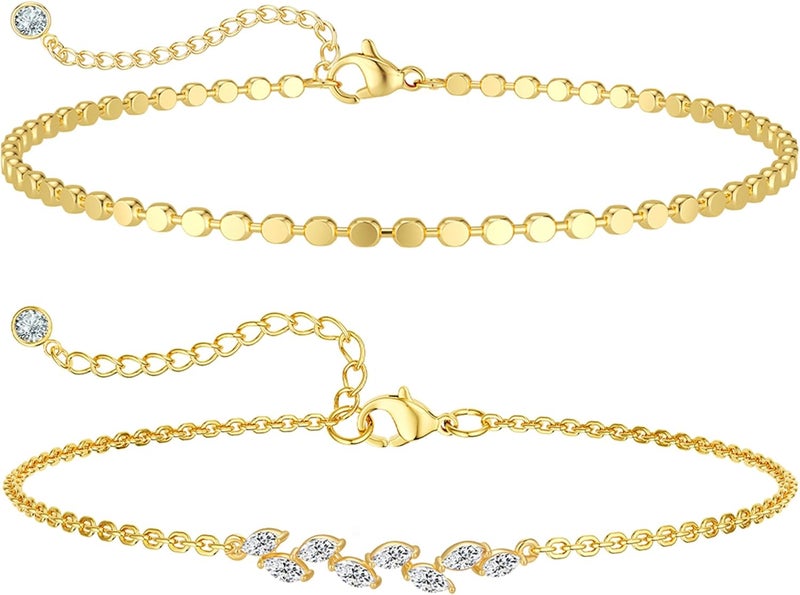 MIDEEO Gold/Silver Ankle Bracelets for Women,14K Gold Anklets for Women Waterproof Cuban Link Heart Beads Herringbone Rhinestone Anklets Set Layered Anklet Bracelets for Women Gold Jewelry Gift - Image 1